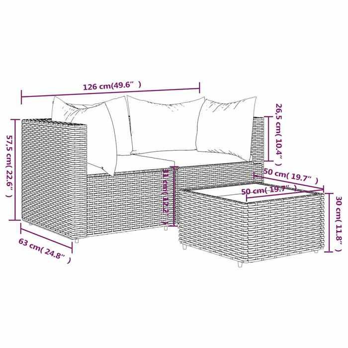 VidaXL Garden Lounge Set 3 Pcs with Brown Wicker Cushions, Outdoor Lounge Set, Furniture Set 319747