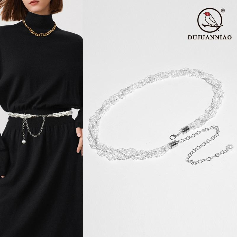 Pearl Chain Decorative Belt Women'S Fine Dress Metal Waist Chain With Sweater Skirt Woven Belt