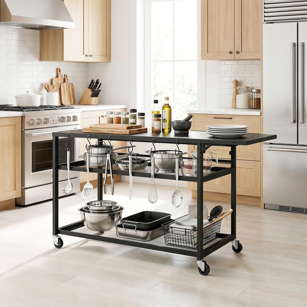 Garden Trolley Barbecue Cart on Casters with Foldable Side Tray, Three Shelves, 133 x 48.5 x 82 cm, Black