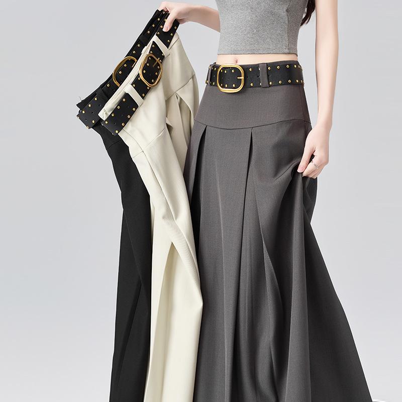 2026 Spring Women's High-Waisted Pleated A-Line Skirt with Belt - Drapey and Slimming