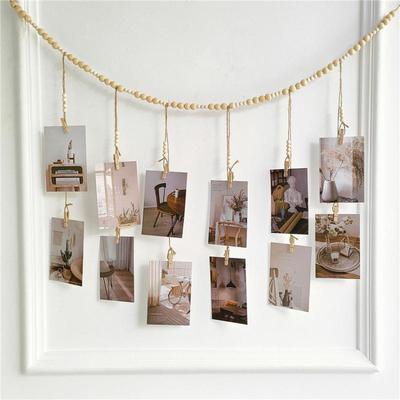 Hanging Photo Display Wooden Bead Garland Boho Wall Hanging For Bedroom Living Room Dorm Party Decor Teen Girl Gifts