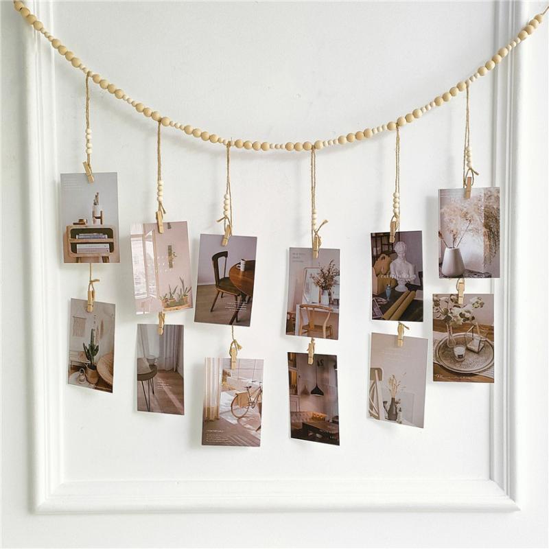 Hanging Photo Display Wooden Bead Garland Boho Wall Hanging For Bedroom Living Room Dorm Party Decor Teen Girl Gifts