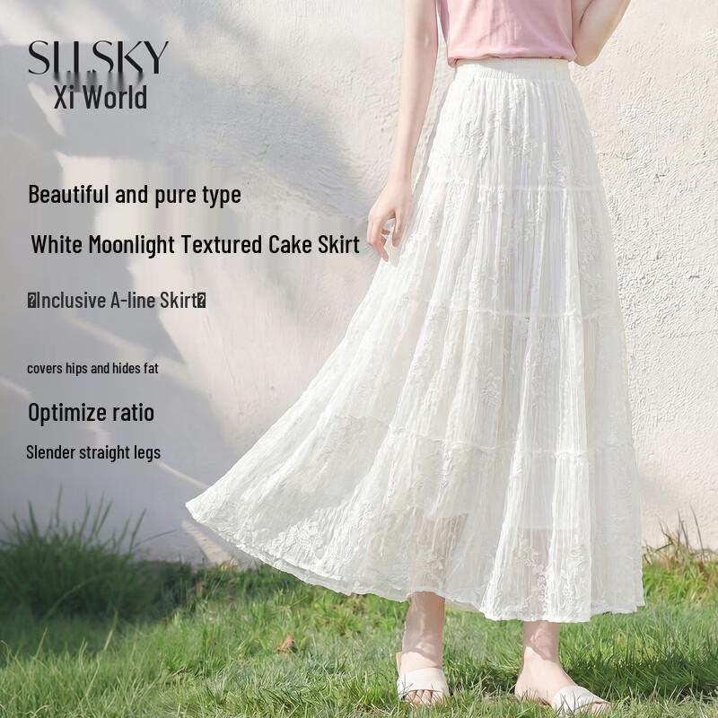 Women s White Mesh Pleated A-line Midi Skirt F