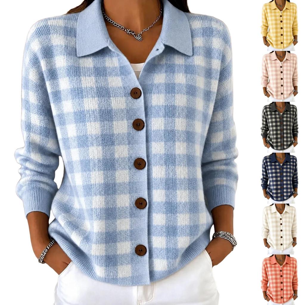 Women's Plaid Cardigan Long Sleeve Lapel Collar Loose Fit Knit Sweater for Fall Winter