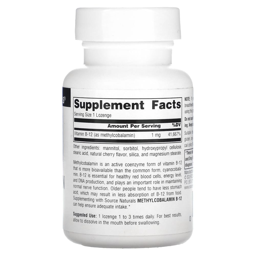 Source Naturals Methylcobalamin Vitamin B12 Cherry 1mg Lozenges, 120 Count