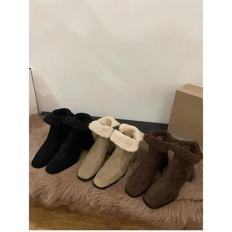 2025 NEW Winter Warm Women Snow Boots Fashion Square Low Heel Ladies Elegant Cotton Short Boots Street Style Square Toe Footwear