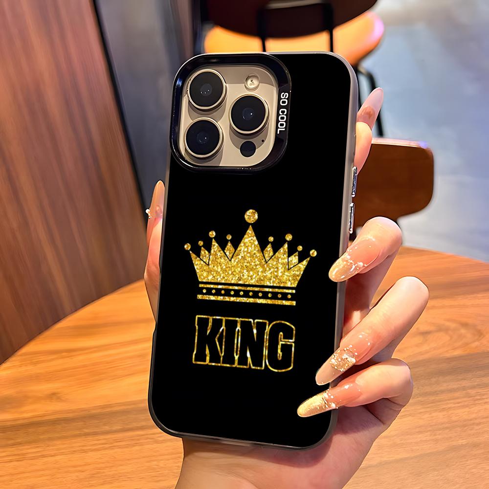 KING Queen Crown Letter Phone Case For IPhone17 Air 16 15 14 Plus 13 12 11 Pro 7 8 XS Max XR Silver Black Bumper Case