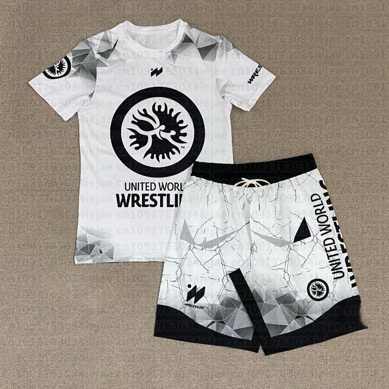 2026 Neues United World Wrestling Sportset für Herren Schwarz Weiß Grafisches Rash Guard & Shorts Schnelltrocknender MMA Trainingskampfanzug