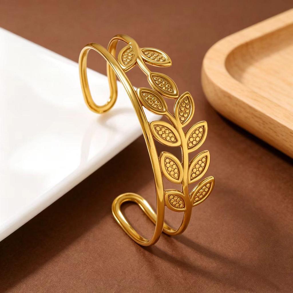 Gold-Plated Titanium Steel Laurel Leaf Adjustable Bangle Bracelet