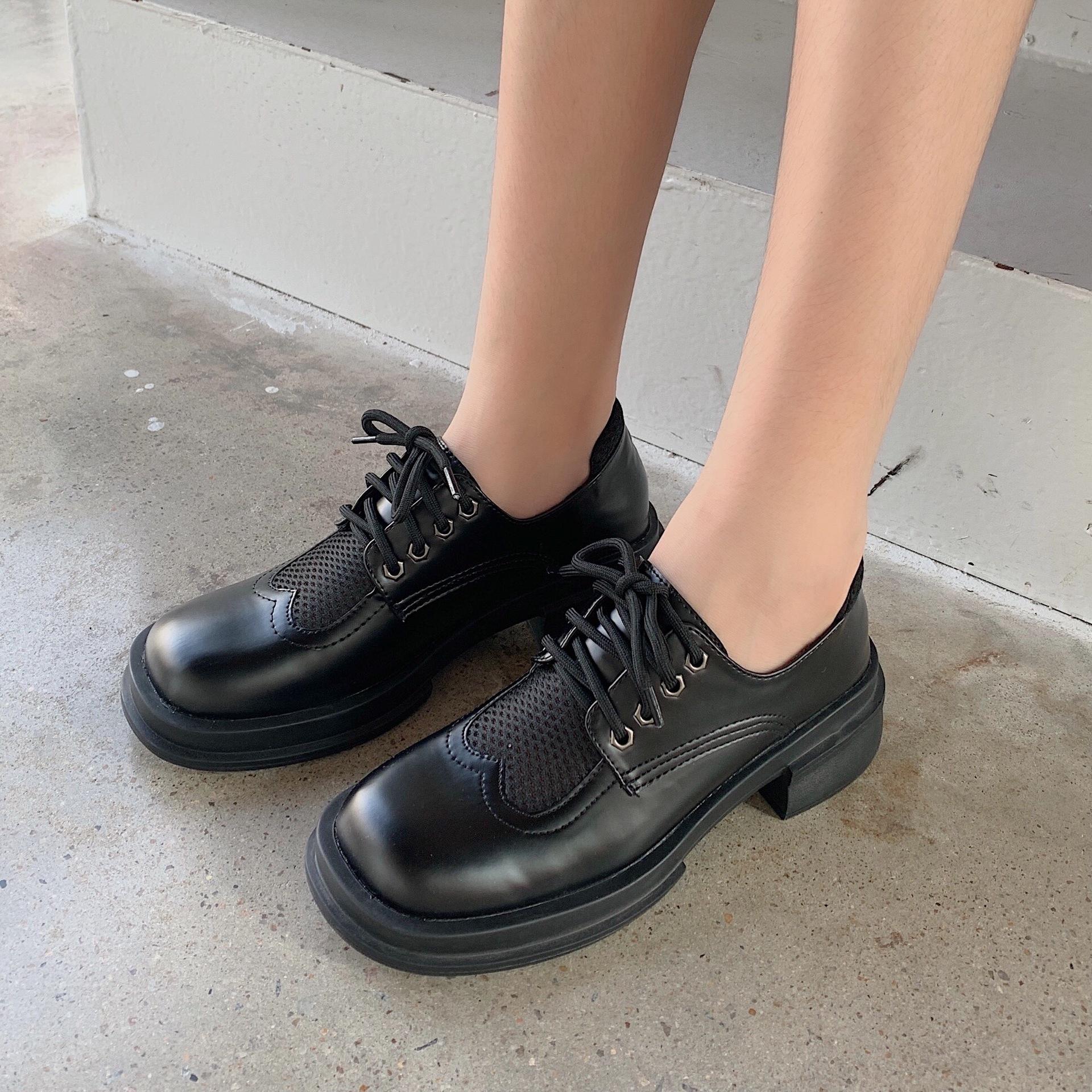 Лоскутные сетчатые туфли-оксфорды женские мокасины с квадратным носком на толстом каблуке — фото 9