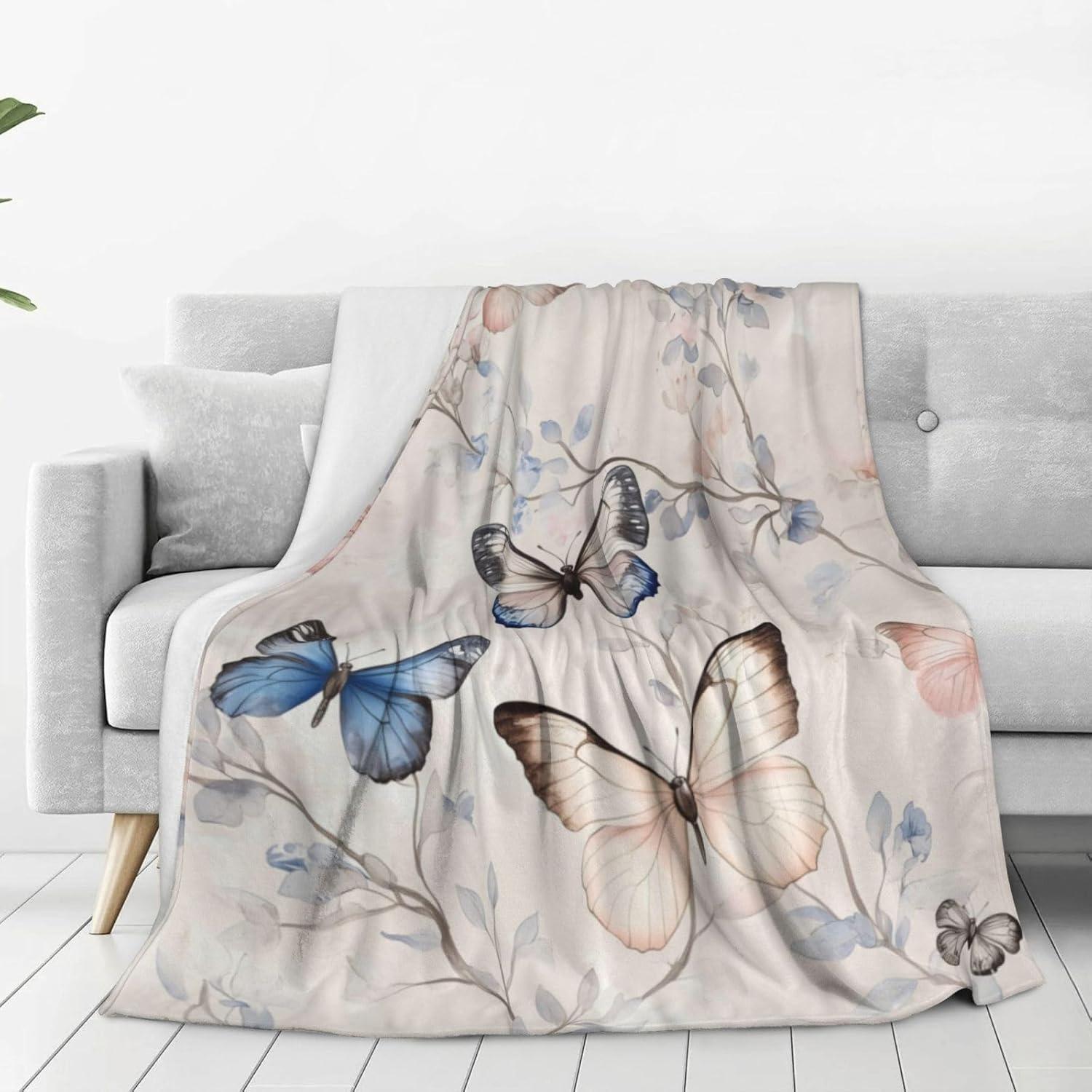 Butterfly Pattern Blanket Soft Watercolor Design Pink Blue Butterflies Floral Branches Ideal for Cozy Home Decor150x180 70x100cm28x39in