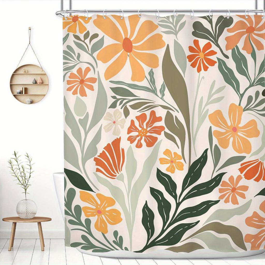 1 MESHELLY Boho Floral Shower Curtain - Abstract rustic sage green with orange, beige and teal flowers, polyester fabric