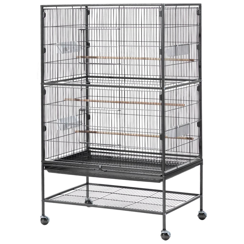 Bird Cage, 800 x 520 x 1320mm, Flat Top, Wrought Iron Bird Flight Cage with Perches, Slide-Out Tray and Plastic Feeders, Casters, for Parrot, Blue