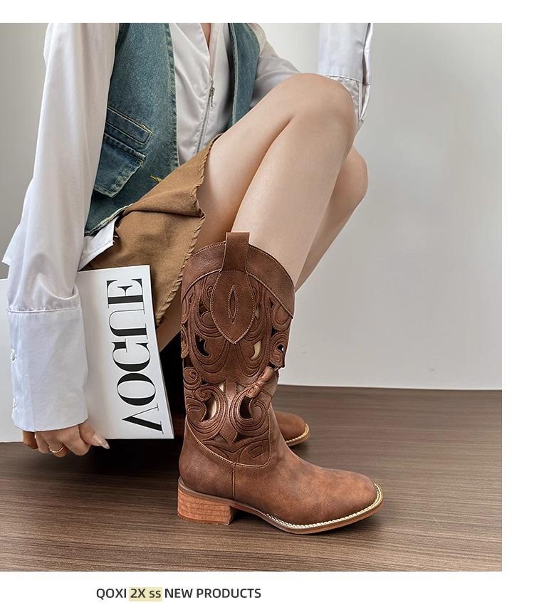 Leather embroidery engraved western cowboy boots women's summer 2025 new medium heel retro knight boots V mouth medium boots women