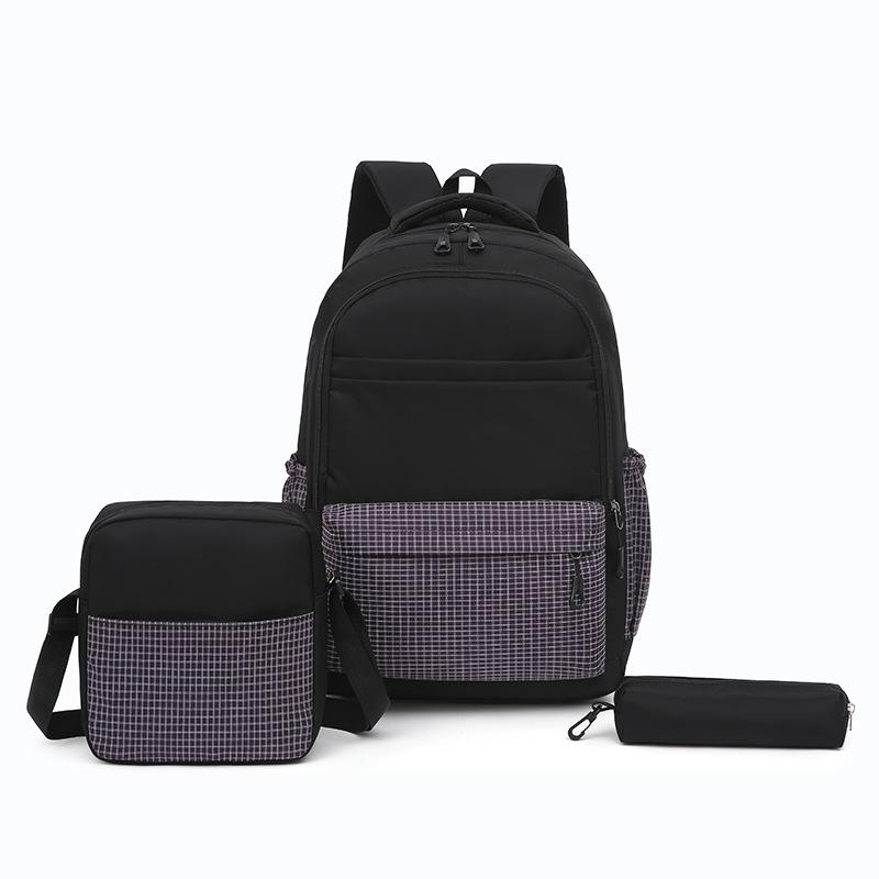 Unisex Plaid Nylon Backpack Set with Shoulder Bag and Pencil Case School Bag
