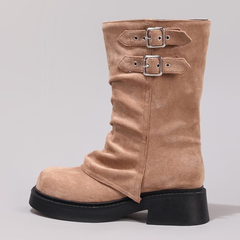 

Брюки сапоги до середины голени модные эластичные женские сапоги на одной педали 2025 новые замшевые тонкие повседневные сапоги на толстой подошве с круглым носком 42 хаки