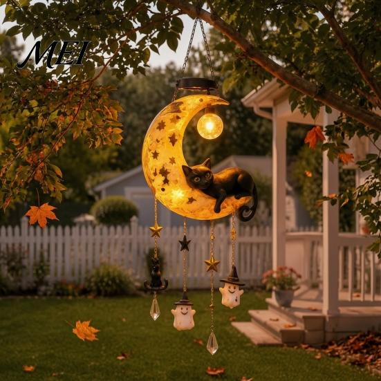 Healing Wind Chimes with Lights Solar Moon Black Cat Chime Light, Powered Hanging Lamp, Waterproof Resin Weather Resistant Outdoor Garden Art
