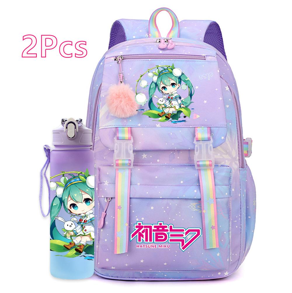 2 st/set Söt Hatsune Miku-tryckt Ryggsäck med 750 ml Vattenflaska för Tonårsflicka Pojke Skolväska Stor Kapacitet Vattentät Resväska Gåva