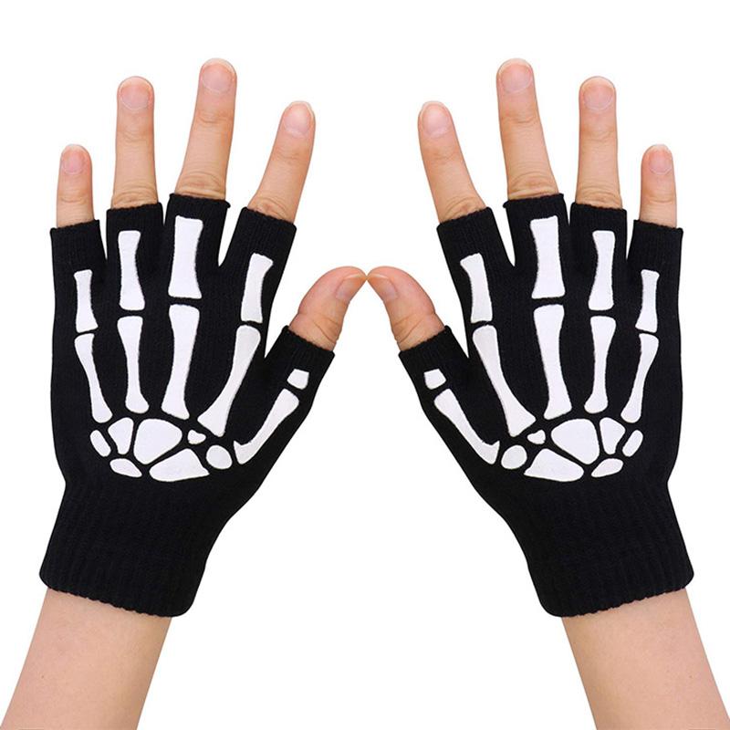 1Pair Fashion for Men Women Luminous Gloves Skull Claw Bone Party Supplies Halloween DIY Decoration Keep Warm Half-finger Gloves