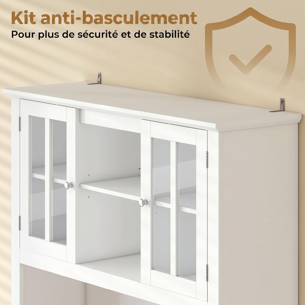 High Kitchen Sideboard with LED, Display Cabinet, 4 Doors, 2 Glass, Drawers, Bottle Rack, White