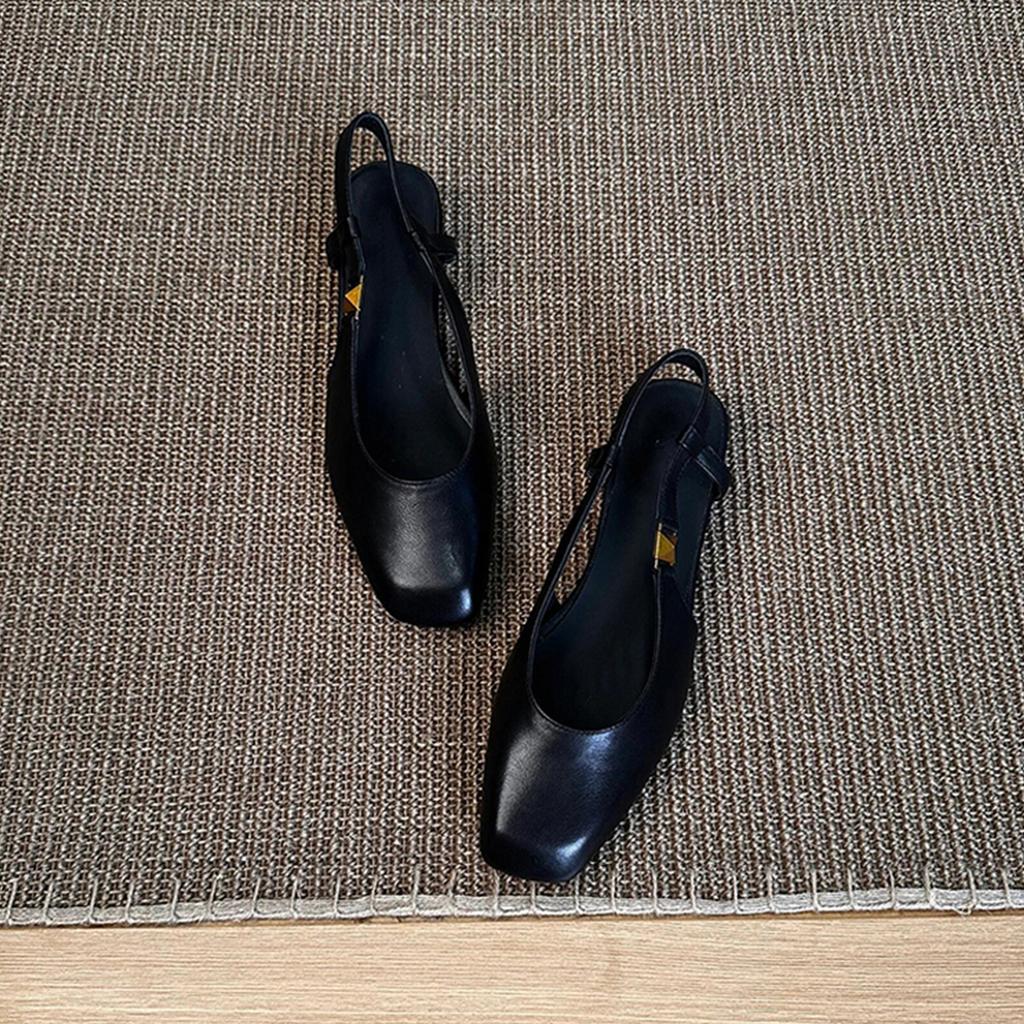 Sheepskin retro versatile black commuter shallow mouth Mary Jane shoes women's single shoes square head leather sandals women's summer wear