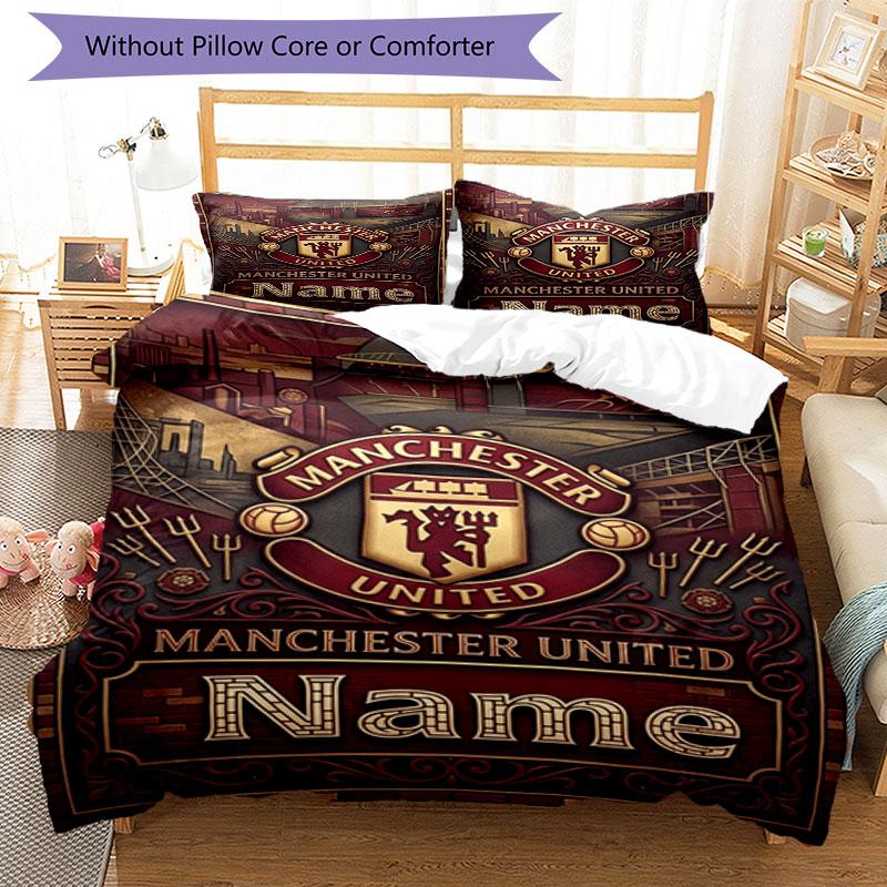 3pcs Duvet Cover Set (1*Duvet Cover + 2*Pillowcase, Without Core), Custom Name Manchester UnitedPattern Bedding Set, Home Bedroom Decor Gift