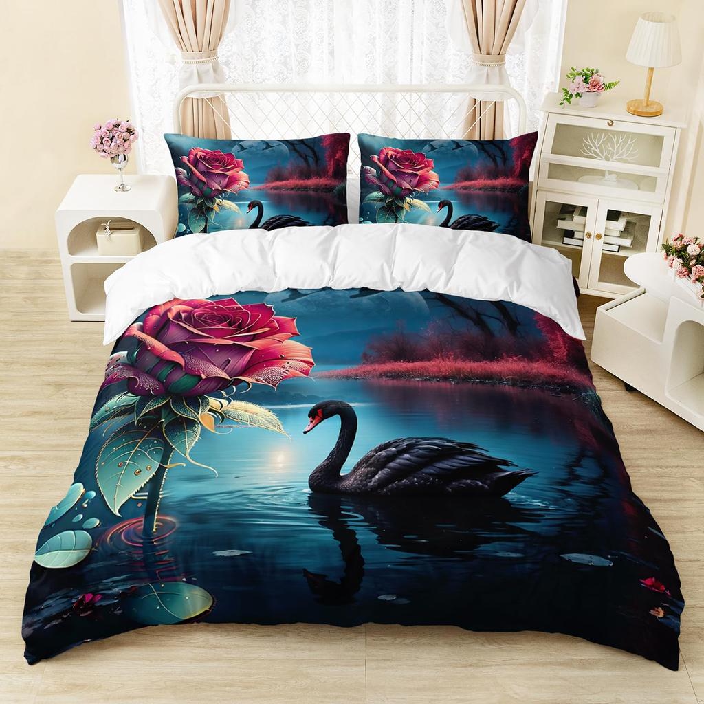 Comforter 3D White Swan Couple Love Red Floral Rose Printed Bedding Set Cute Animal Super Soft Polyester