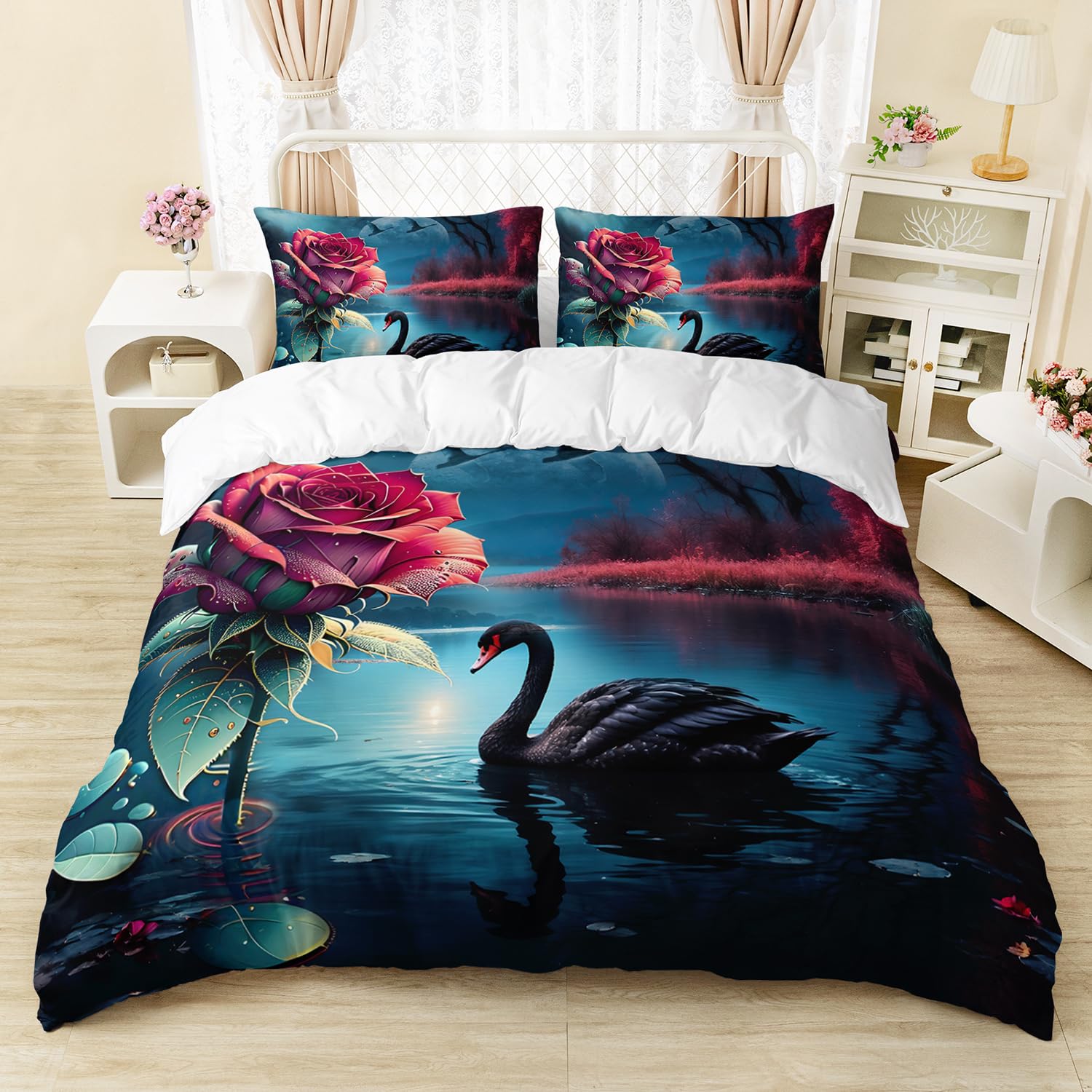 

White Swan Rose Heart 3D Print Bedding Set Cozy Duvet Cover King Queen Twin Single Size Birthday Gift Boy Kid Bedroom Decoration EU Single 135x200cm