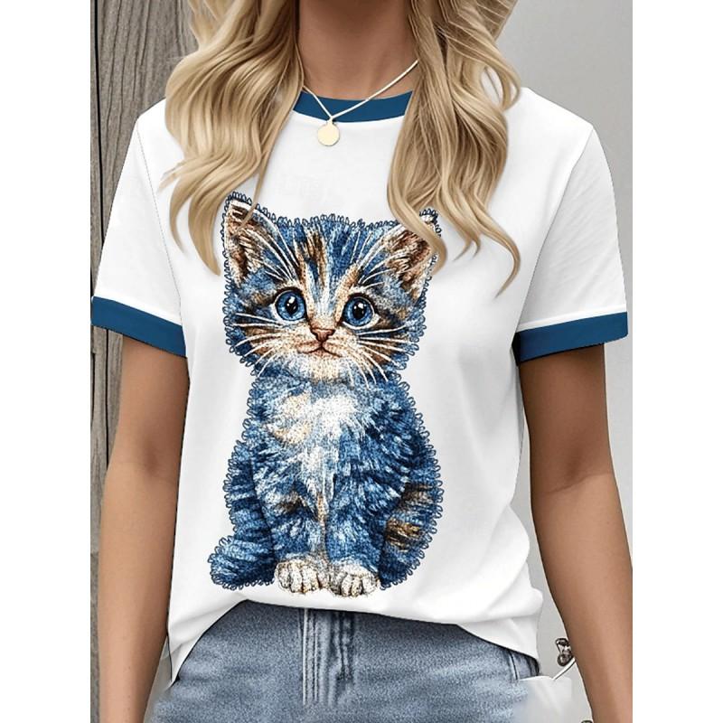 Womens Loose Fit Short Sleeve T-Shirt With 3D Digital Color Block Print Round Neck Casual Top