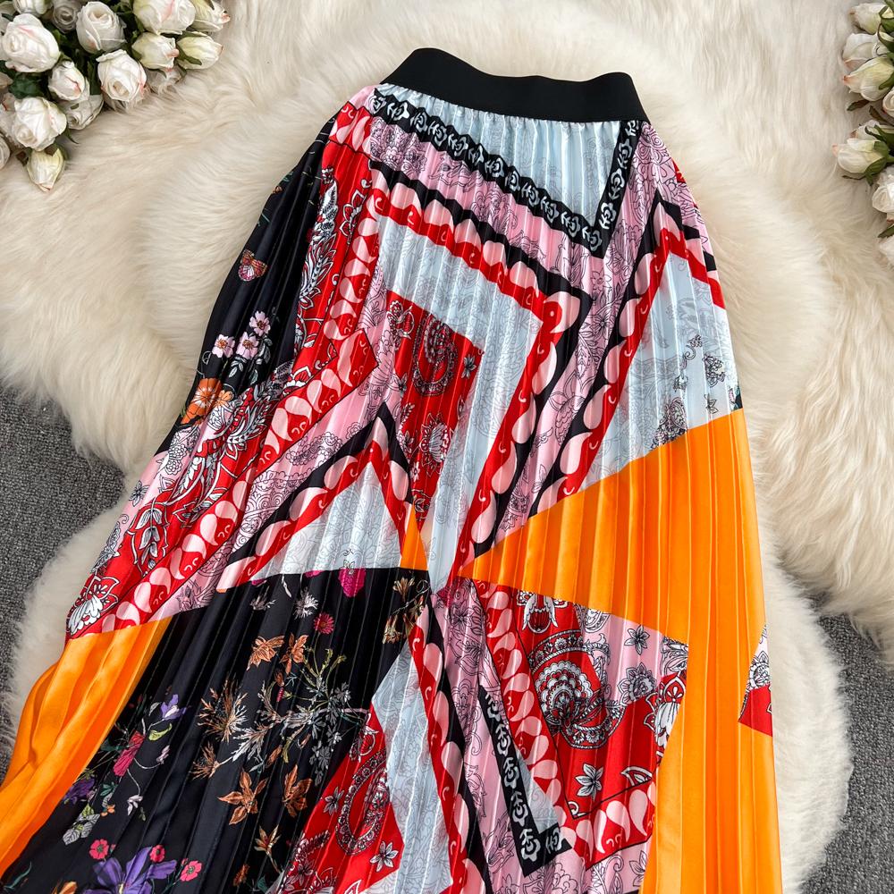 Jupe d'été taille haute slim mi-longue au-dessus du genou imprimée A-line plissée taille élastique jupe ample