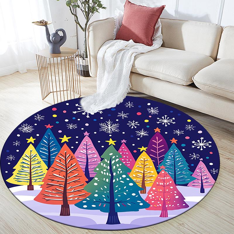 Colorful Trees Snow Winter Round Area Rug,Carpet Rug for Living Room Bedroom Sofa Playroom Decor,Non-slip Floor Mat
