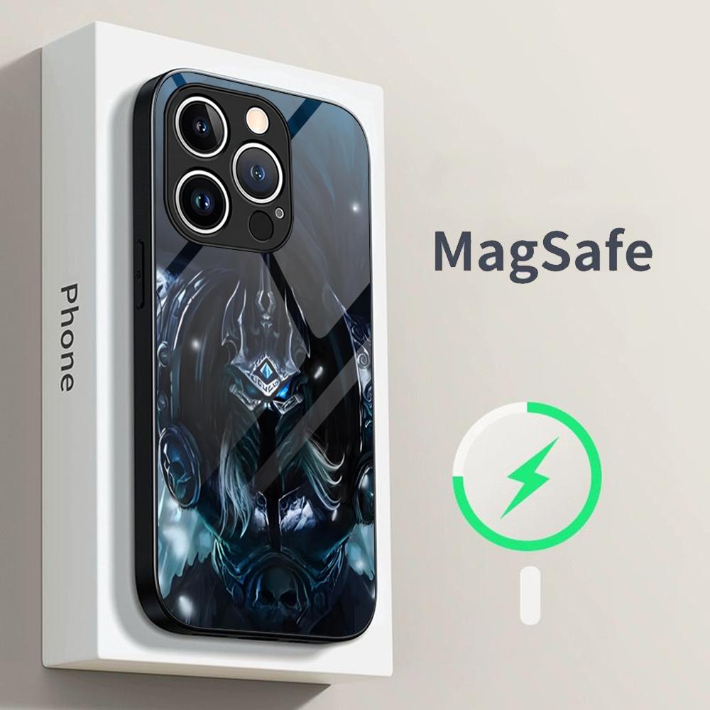 World of Warcraft Lich King Phone Case for iPhone 15 Pro Max 14 Plus 12 Mini 11 13 14 Pro Max Magsafe Wireless Charge Glass Cove