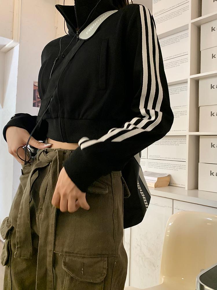 Women's Slim-Fit American Retro Three-Stripe Long-Sleeve Sporty Zip-Up Jacket with Stand-Up Collar