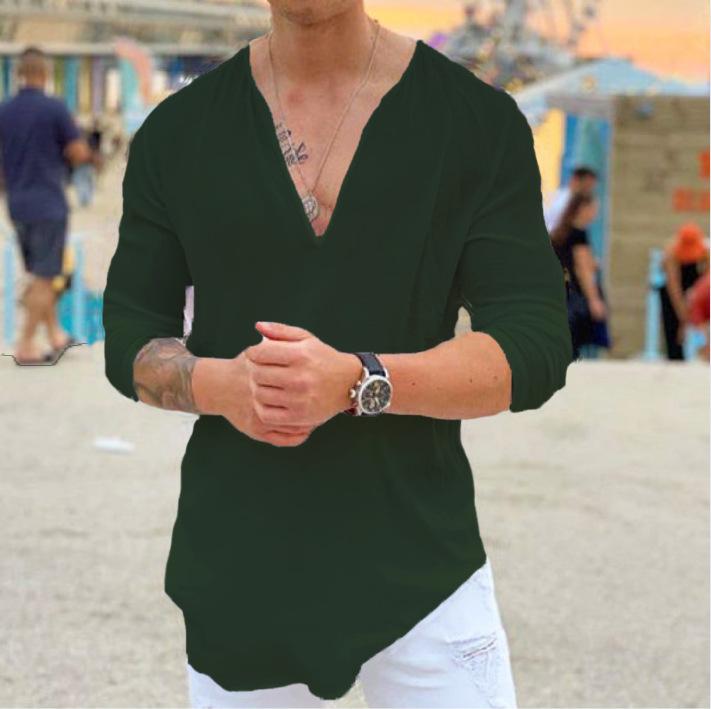 2025 European & American Men's V-neck Casual Solid T-shirt Fashion Trend