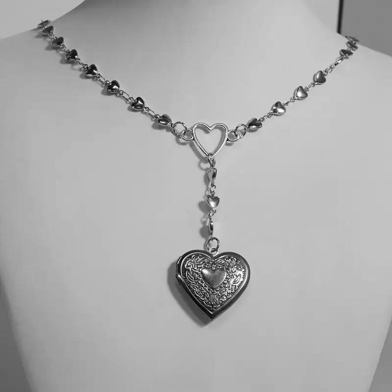 

New Charm Sliver Color Carved Heart-shaped Flip-top Box Tassel Pendant Necklace for Men Women Couple Aesthetics Y2k Jewelry Gift
