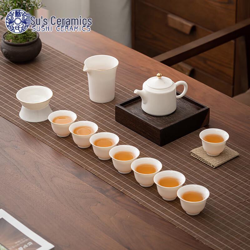 Sui Shi Gilded White Porcelain Kung Fu Tea Set (8 Cups)