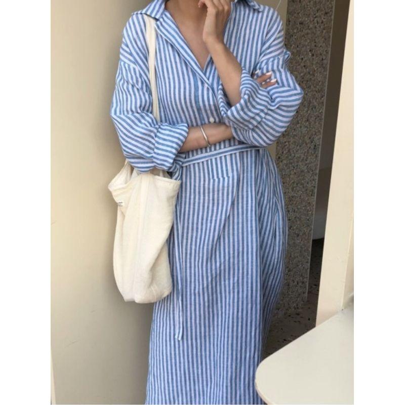 Japanese and Korean Spring New Arrival Work Clothing Ol Artsy Polo Collar Stripes Belt Mid Length Long Length Long Sleeves Shirt Dress Dress