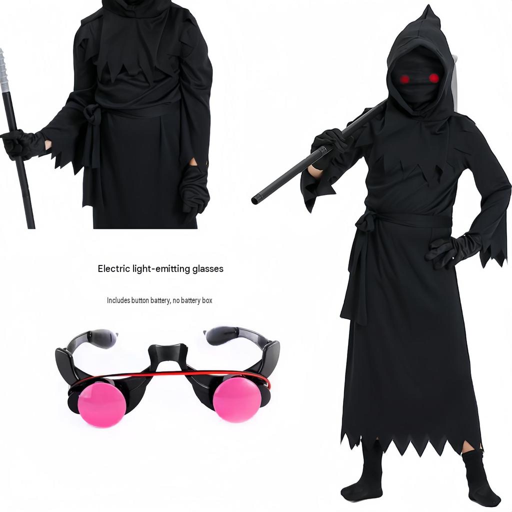 Kids Grim Reaper Costume Black Glow in Dark Hooded Robe for Halloween Scary Cosplay Party Stage Performance with Mask