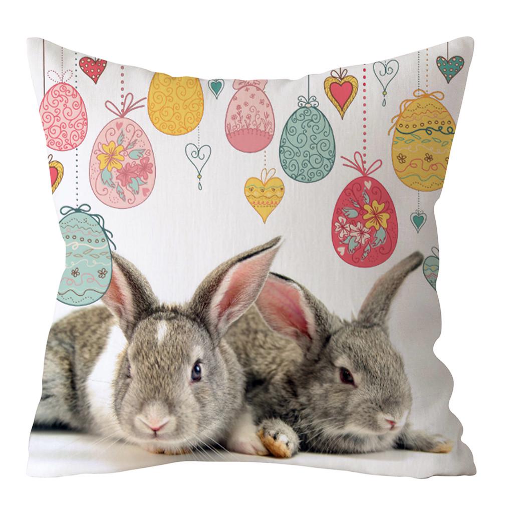 Spring Easter Home Decoration Cushion Cover Square Pillow Case Cartoon Rabbit  Egg Print