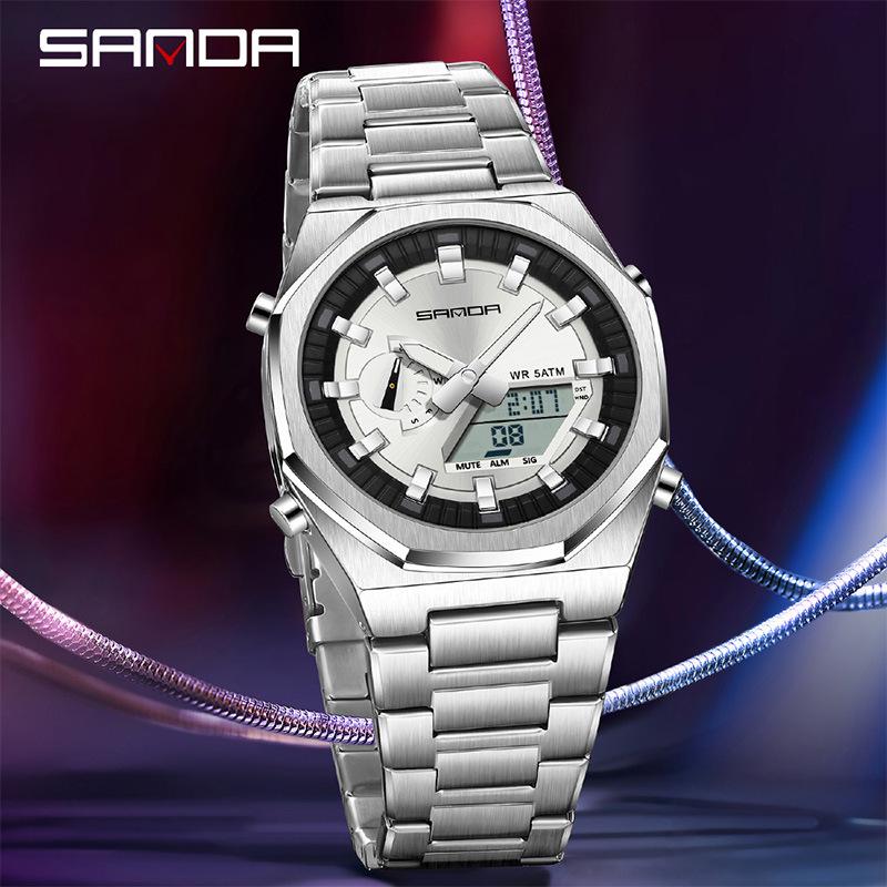 Sanda Men's Multifunctional Dual Display Watch with Countdown, Alarm, Daylight Saving, and Waterproof Features