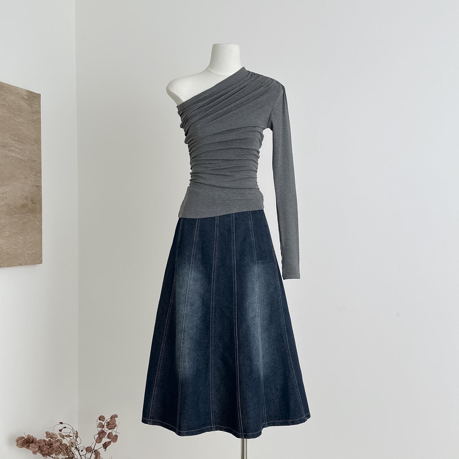 

Xin Xing Retro Korean High-Waist Denim Midi Skirt - Winter A-line Patchwork Style L (115-125 Jin)