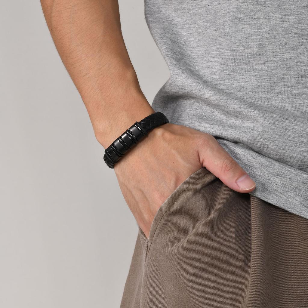Custom Beaded Braided Bracelets For Men Leather Stainless Steel Black Silver Color Personalized Bangle Name Family Father Gift