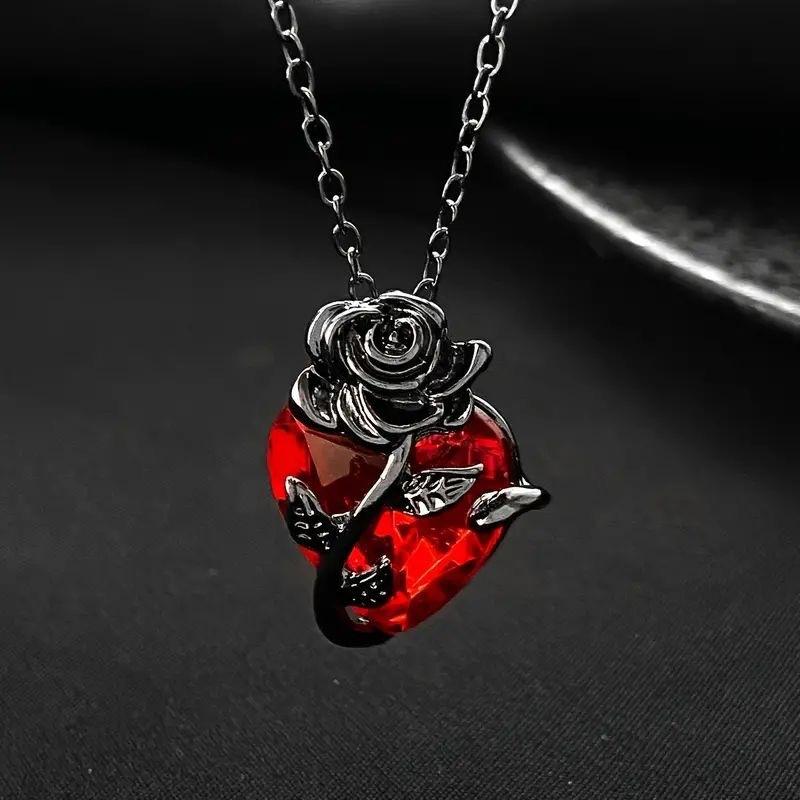 Gothic Rose Red Heart Pendant Necklace Vintage Goth Emo Grunge Black Wicked Rose Love Pendant