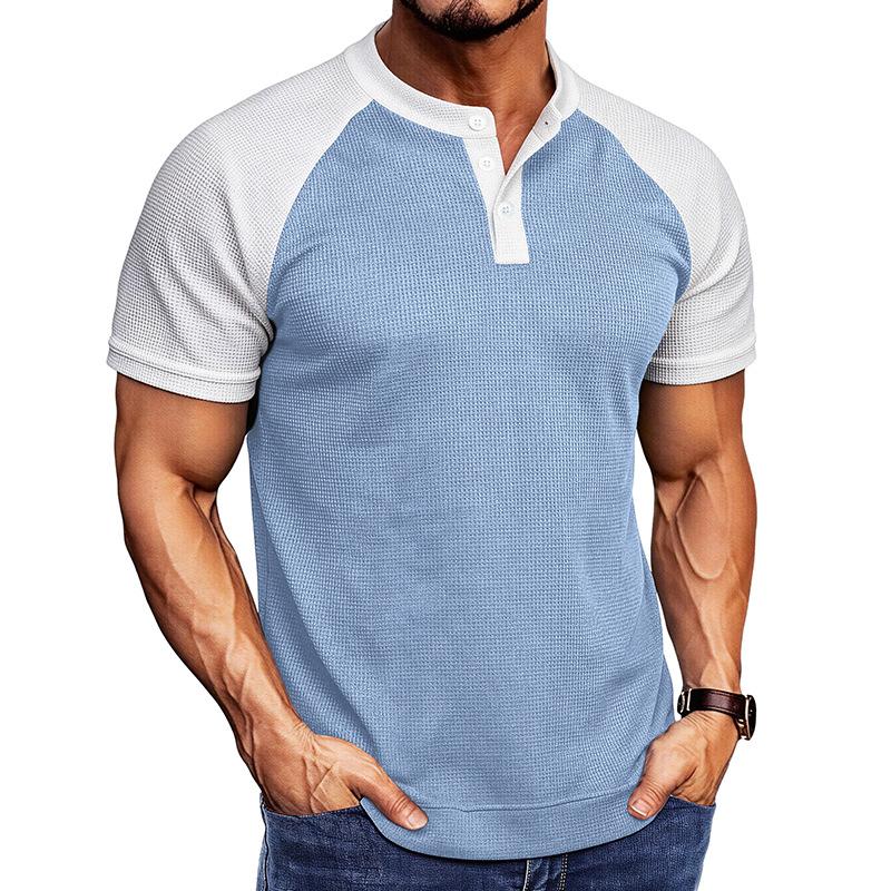 

Men Waffle Henley Neck T-Shirt Short Sleeve Casual Loose Pullover Tops Summer Daily Male Streetwear Breathable Basic Teess S світло-синій колір