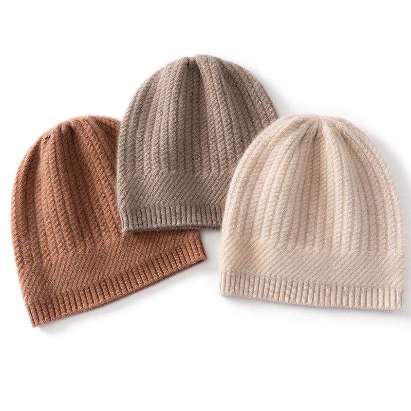 Women's 100% Pure Cashmere Ribbed Knit Hat - Stylish Solid Color, Warm Head Covering with Ear Protection