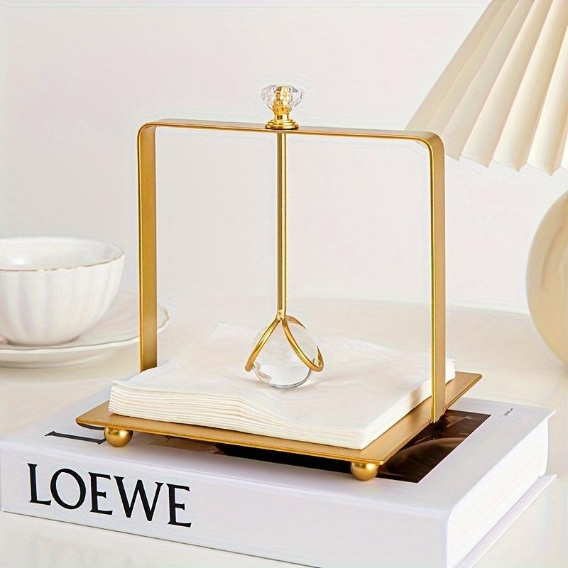1 Stück Eleganter Goldener Edelstahl Quadratischer Serviettenhalter mit Klarem Kristallakzent, Freistehender Taschentuch-Organizer für Badezimmer