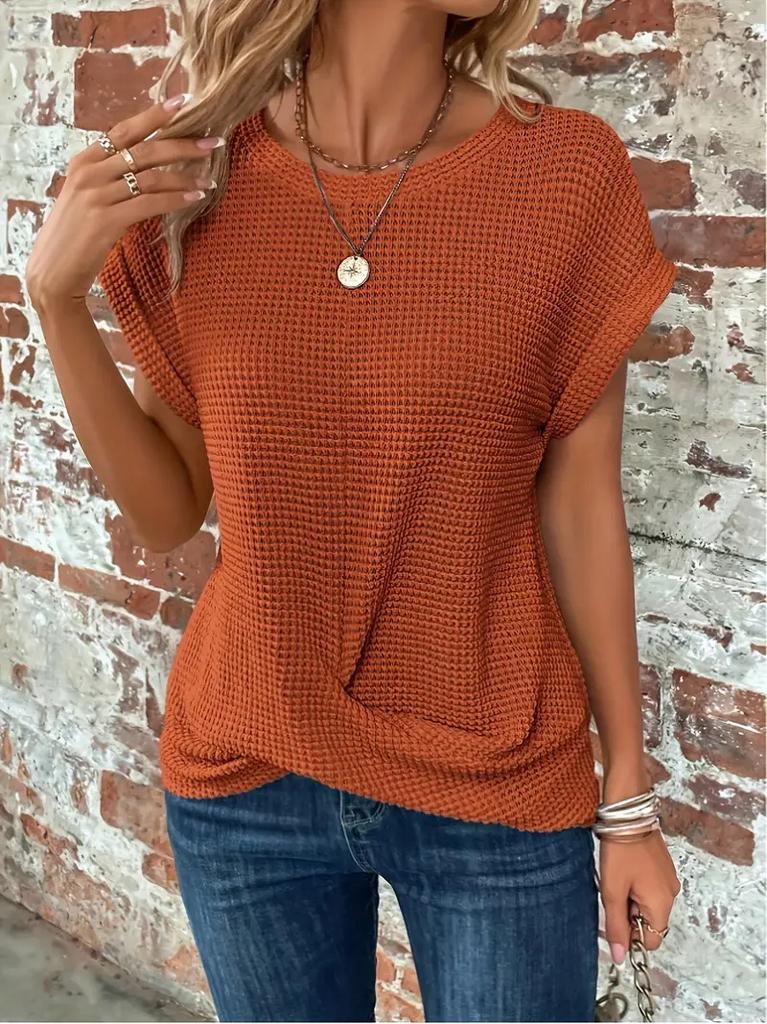 2026 Spring and Summer New Solid Color Round Neck T-shirt Elegant Short Twist Top Women's Clothing Amazon Cross-border Foreign Trade Short Sleeves
