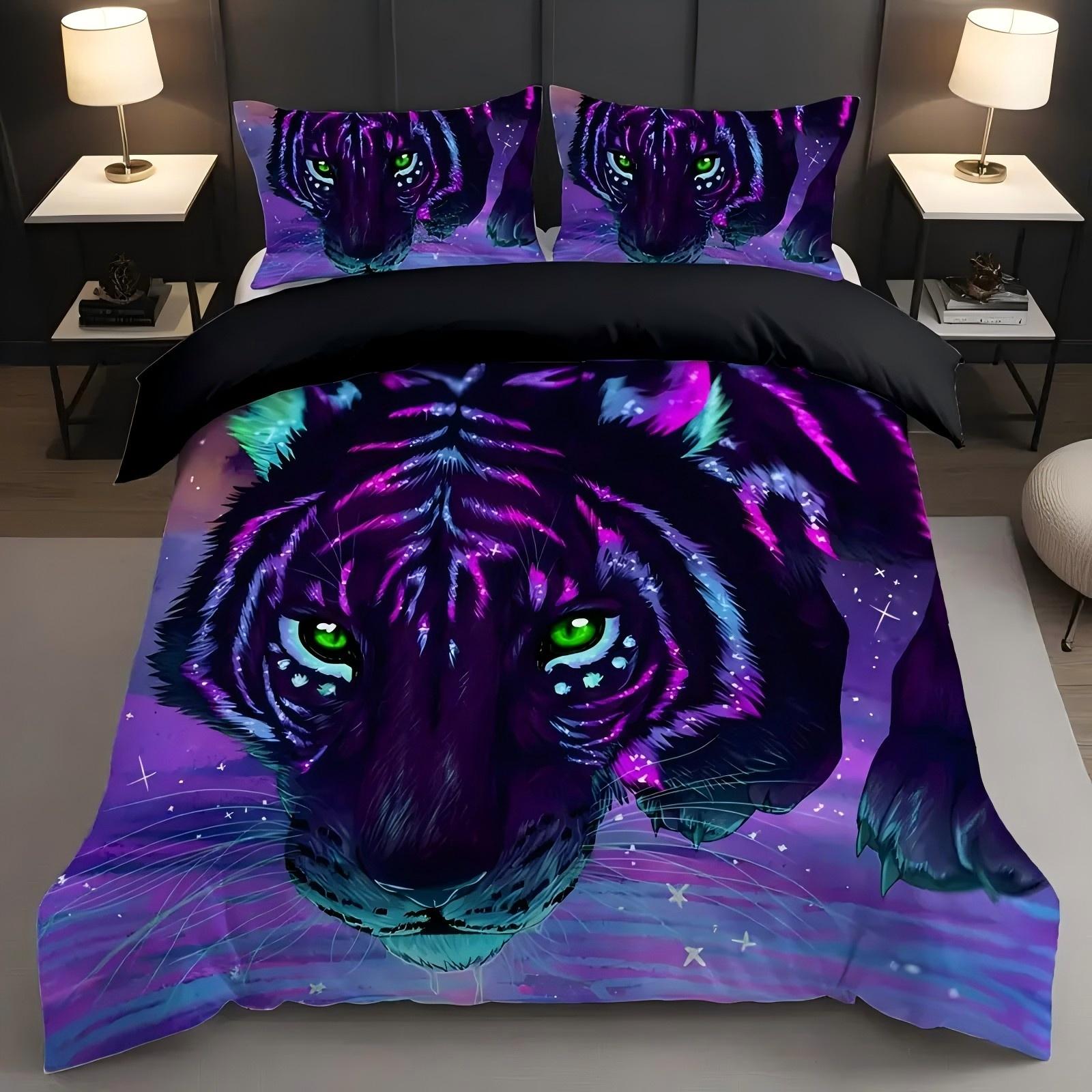

Фиолетовый пододеяльник с принтом головы тигра, стиль киберпанк, тема дикой природы, постельный набор, мягкий удобный пододеяльник, наволочки 135x200cm 2pcs