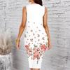 Women Plus Size Crew Neck Sleeveless Midi Dress White Background Blue Ink Wash Floral Print Bodycon Dress
