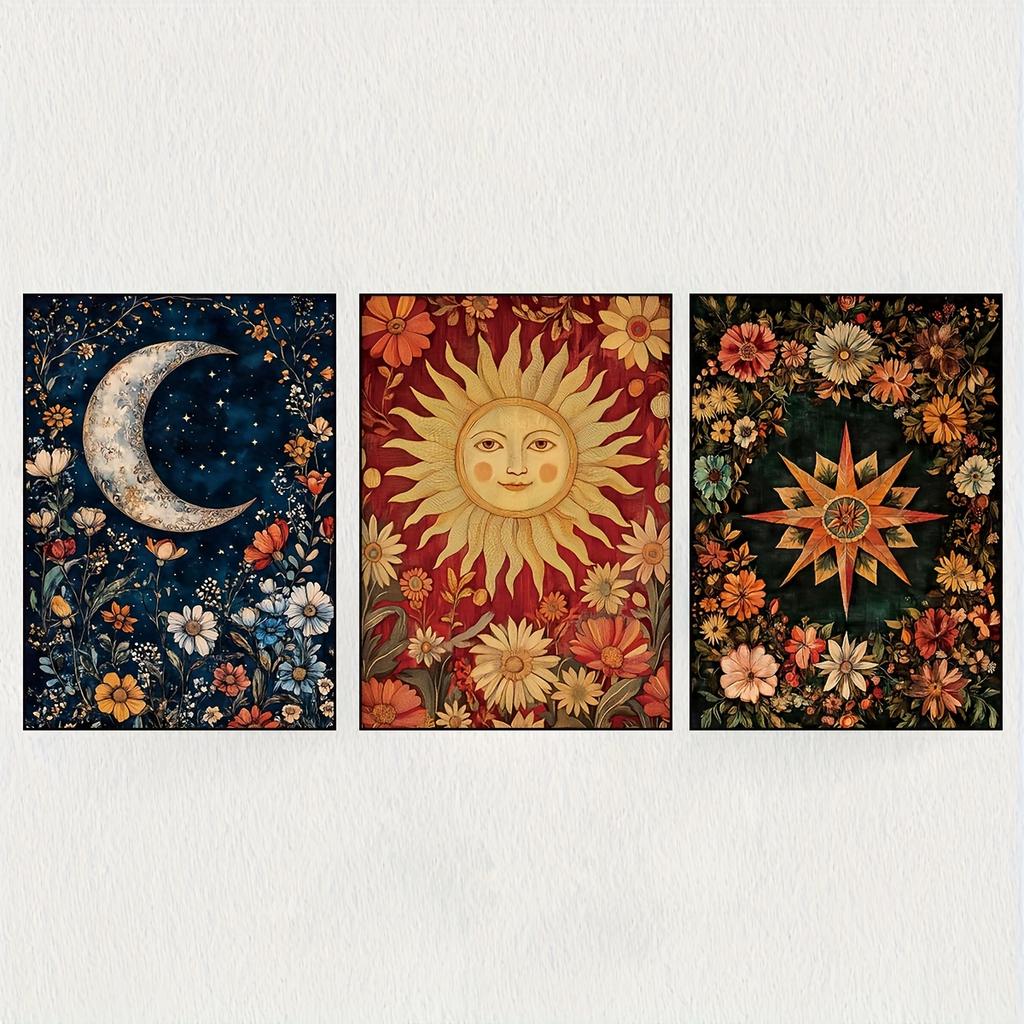 3 Frameless Retro Floral Sun,moon and Star Decor Paintings,Bohemian Style Home Furnishing,for Living Room,Bedroom Wall Art Decor